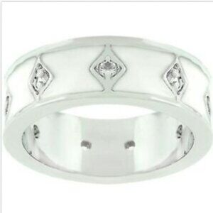 Silver Art Deco Ring Size 5 White Enamel Band Rhodium Vintage Style Plated